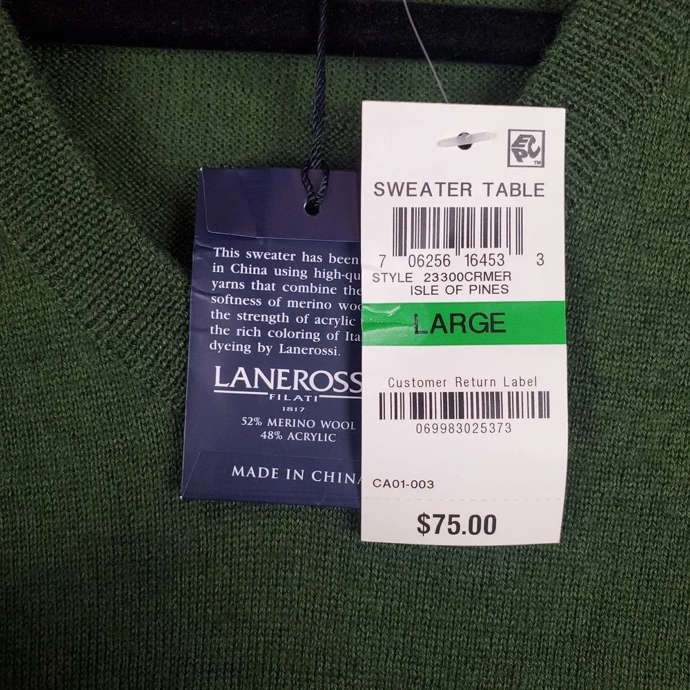 Club Room Mens Sweater Large Green Merino Wool Blend V-Neck Long Sleeve Pullover